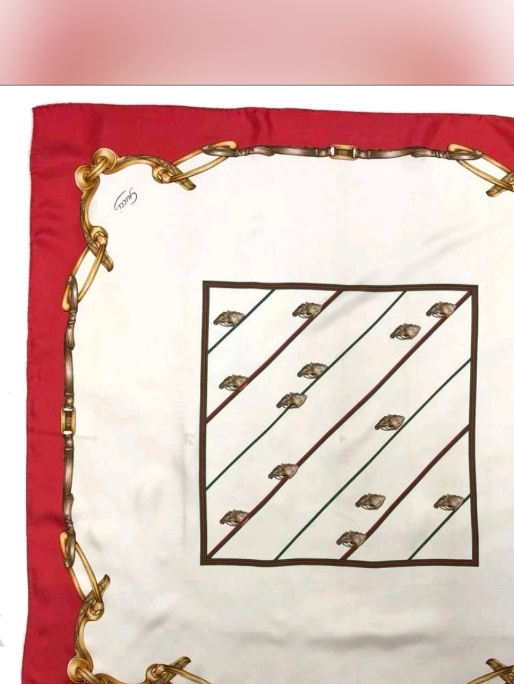 Gucci Sherry Line VTG 1978 Silk Scarf Equestrian Horse Print Red Green 86cm - Picture 3 of 13
